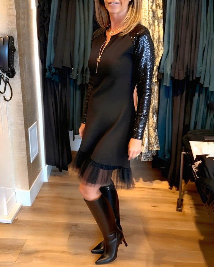 Fashionable Sequin Zipper Patchwork Dress