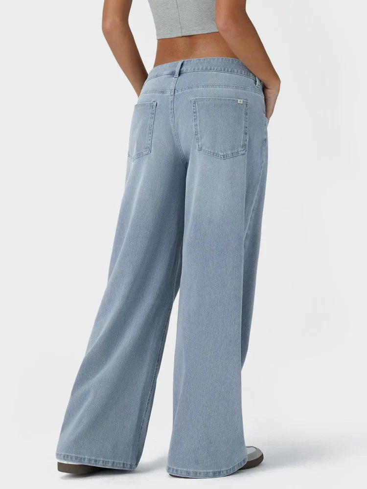 Asymmetric Low Rise Zipper Pockets Baggy Wide Leg Washed Casual Jeans