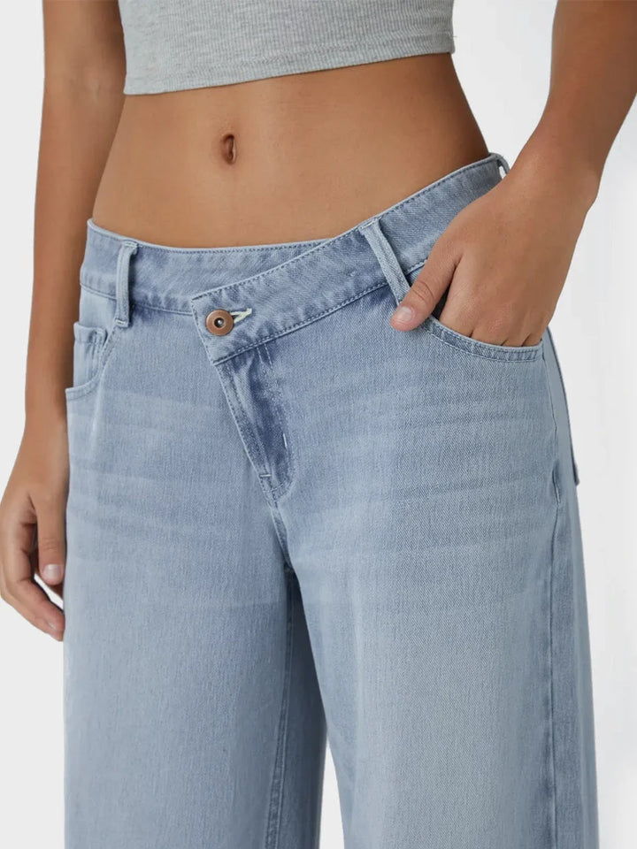 Asymmetric Low Rise Zipper Pockets Baggy Wide Leg Washed Casual Jeans