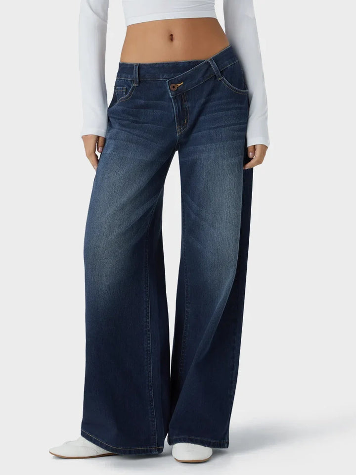 Asymmetric Low Rise Zipper Pockets Baggy Wide Leg Washed Casual Jeans
