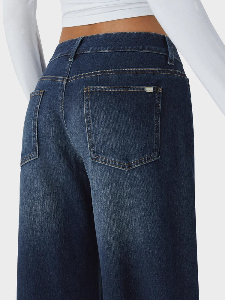 Asymmetric Low Rise Zipper Pockets Baggy Wide Leg Washed Casual Jeans