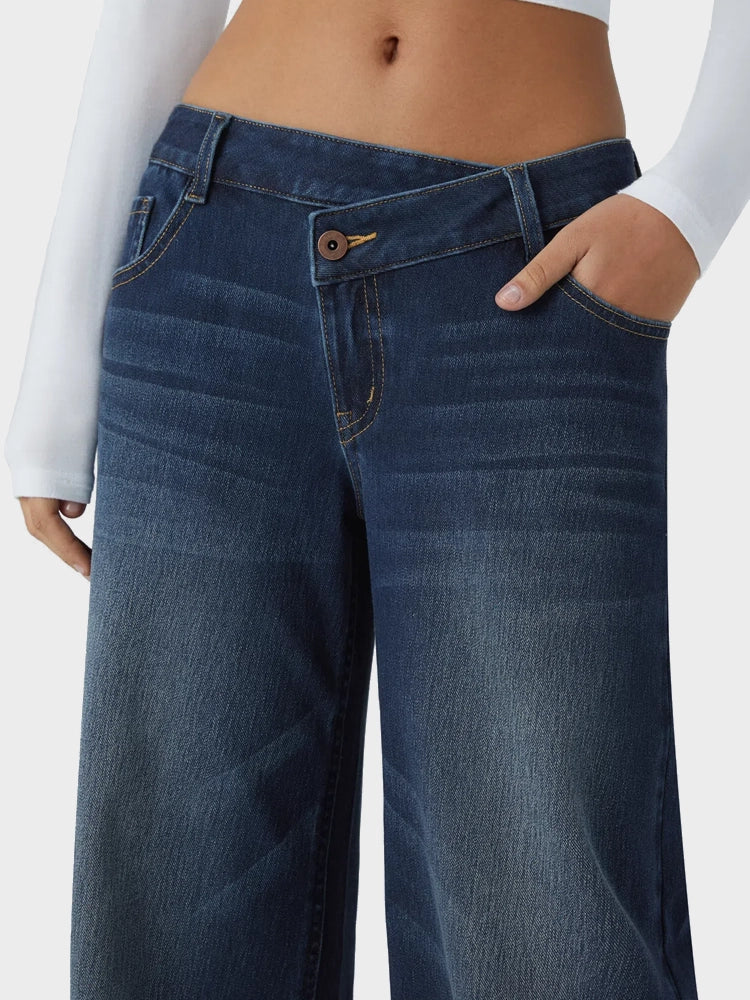 Asymmetric Low Rise Zipper Pockets Baggy Wide Leg Washed Casual Jeans