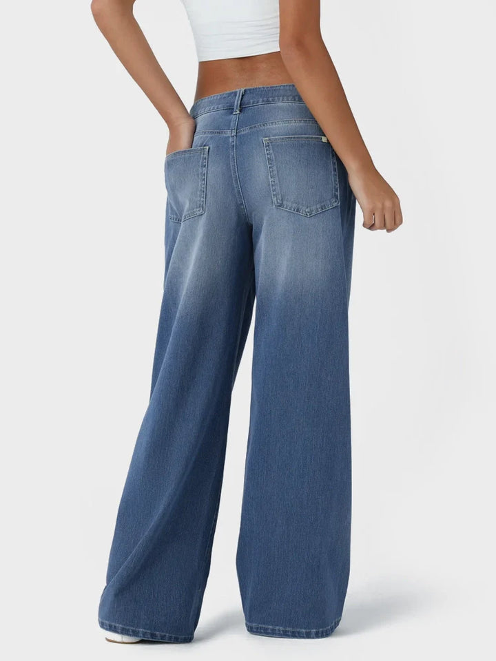 Asymmetric Low Rise Zipper Pockets Baggy Wide Leg Washed Casual Jeans