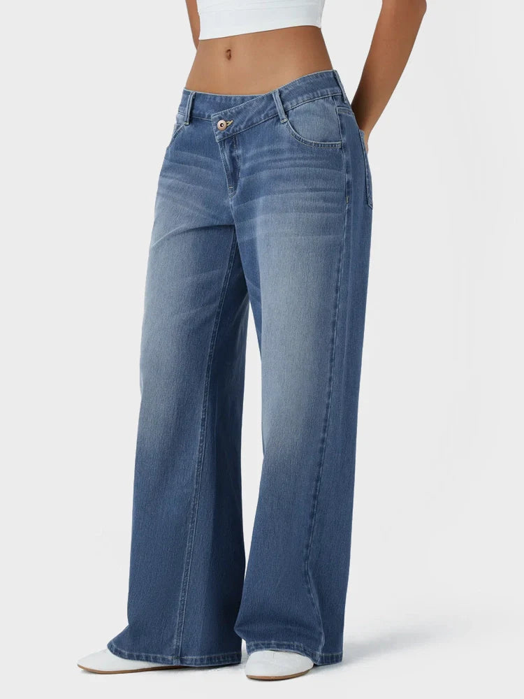 Asymmetric Low Rise Zipper Pockets Baggy Wide Leg Washed Casual Jeans