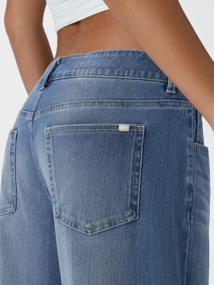Asymmetric Low Rise Zipper Pockets Baggy Wide Leg Washed Casual Jeans