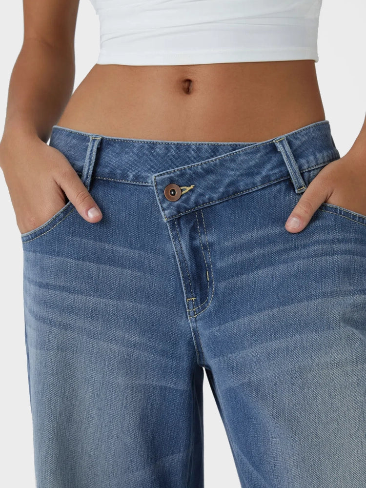 Asymmetric Low Rise Zipper Pockets Baggy Wide Leg Washed Casual Jeans