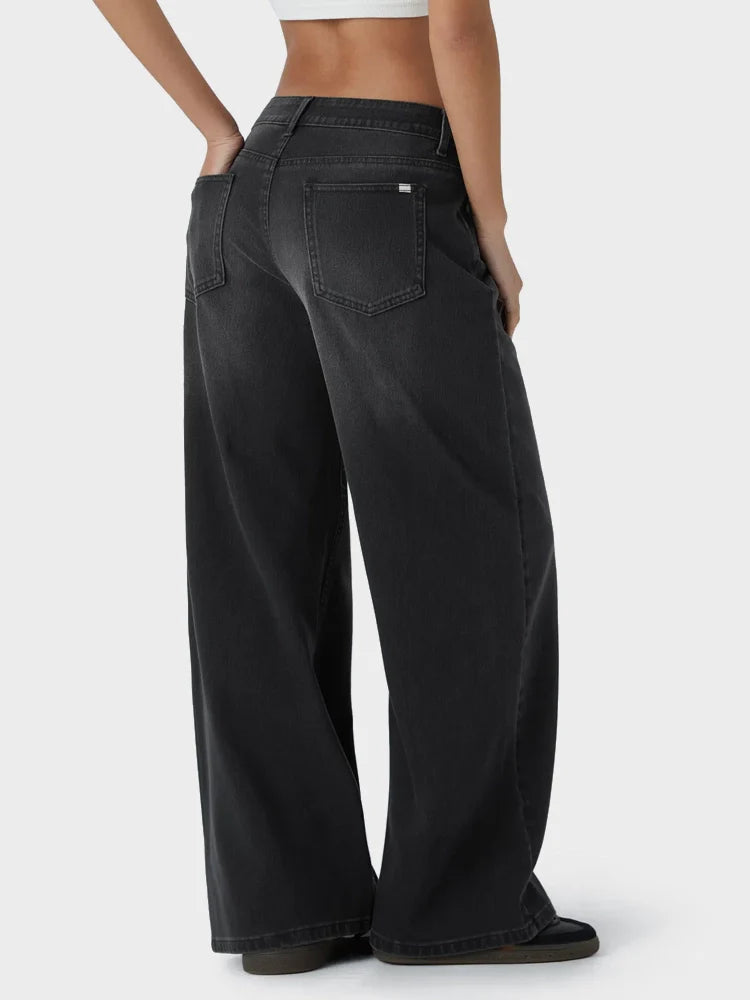 Asymmetric Low Rise Zipper Pockets Baggy Wide Leg Washed Casual Jeans