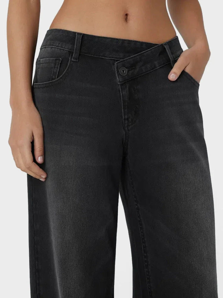 Asymmetric Low Rise Zipper Pockets Baggy Wide Leg Washed Casual Jeans
