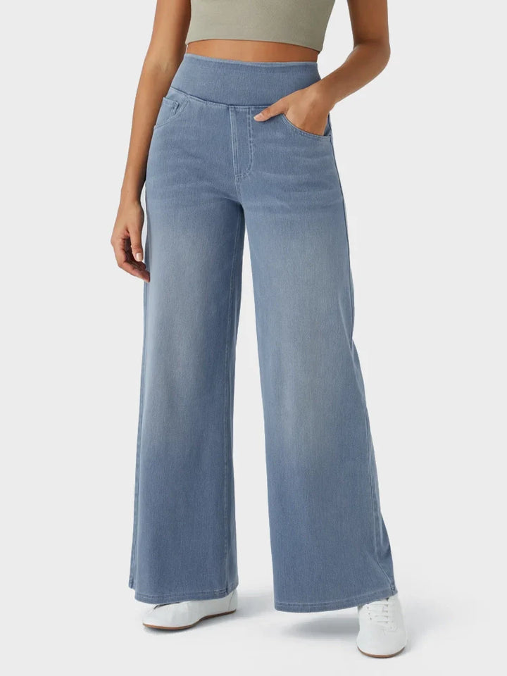High Waisted Pockets Baggy Wide Leg Washed Casual Jeans
