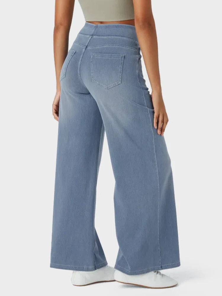 High Waisted Pockets Baggy Wide Leg Washed Casual Jeans