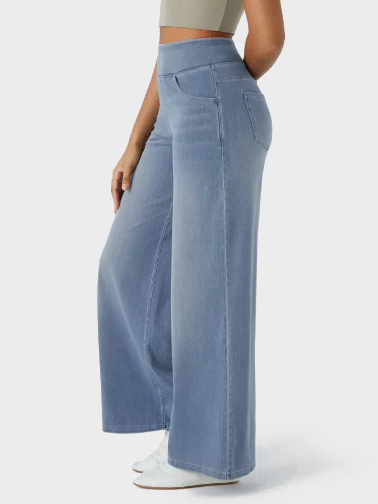 High Waisted Pockets Baggy Wide Leg Washed Casual Jeans