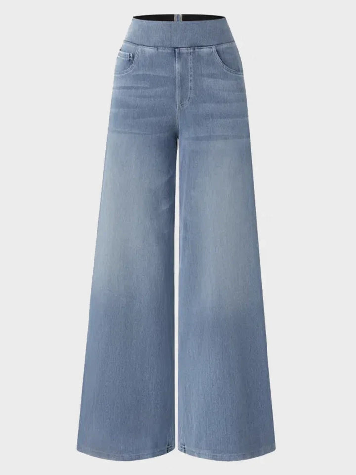 High Waisted Pockets Baggy Wide Leg Washed Casual Jeans