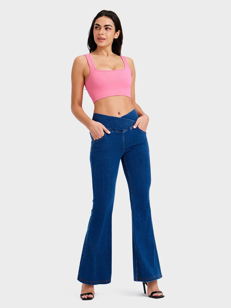 Crossover High Waisted Bell Bottom Jeans Yoga Pants Stretchy Flare Leggings With Pockets