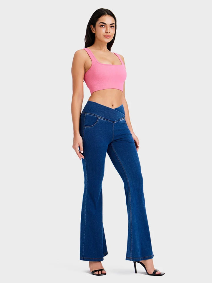 Crossover High Waisted Bell Bottom Jeans Yoga Pants Stretchy Flare Leggings With Pockets