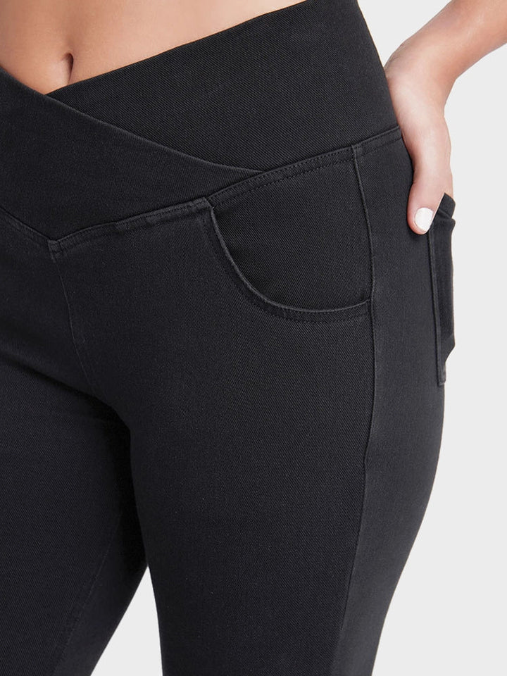 Crossover High Waisted Bell Bottom Jeans Yoga Pants Stretchy Flare Leggings With Pockets