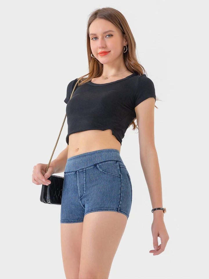 High-Waist Butt-Lifting Yoga Denim Shorts