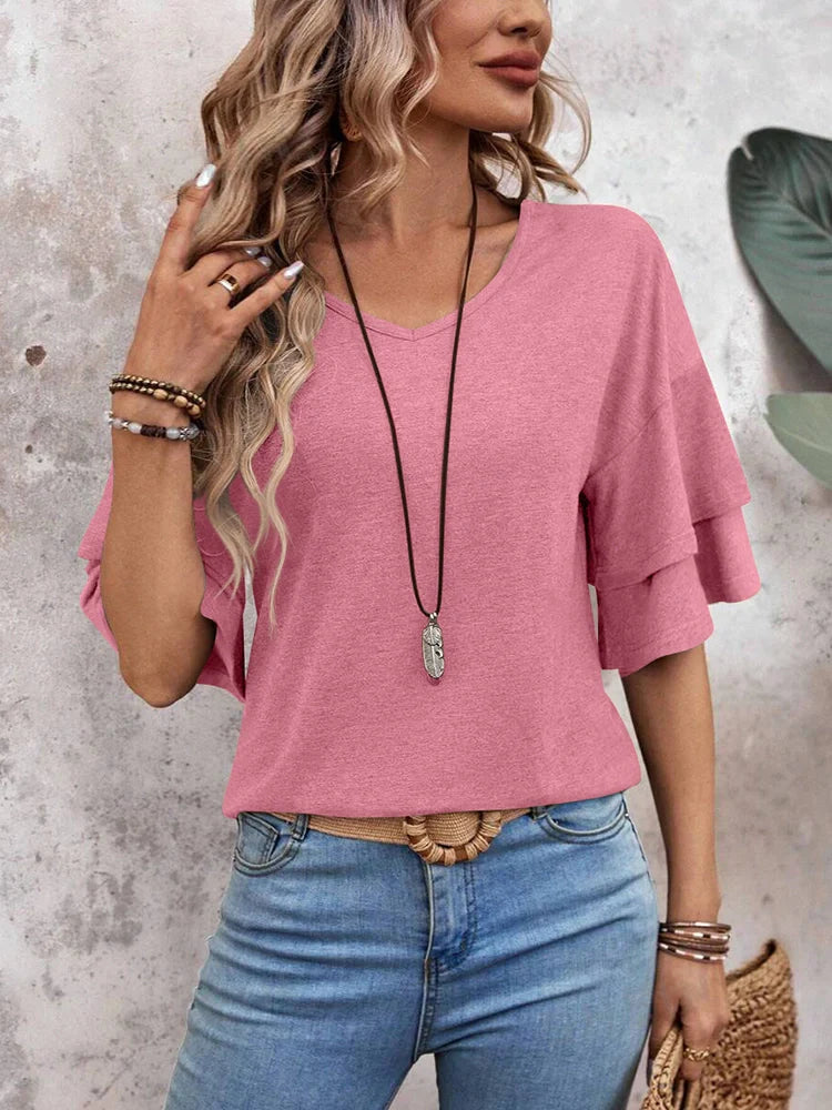 Womens Top Ruffle Sleeve Blouses V Neck T Shirts Casual Outfit Bell Sleeve Tee