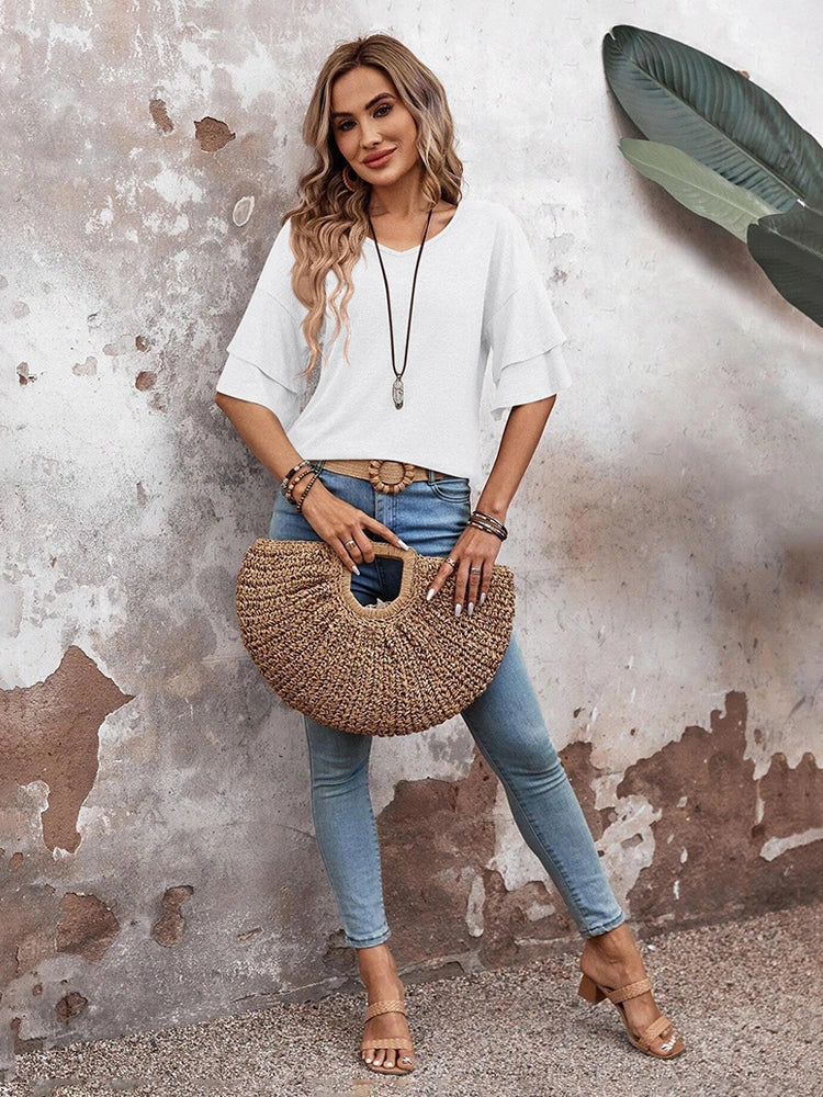 Womens Top Ruffle Sleeve Blouses V Neck T Shirts Casual Outfit Bell Sleeve Tee