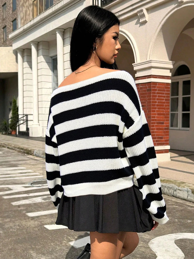 Womens Off The Shoulder Sweater 2025 Fall Winter  Striped Sweater