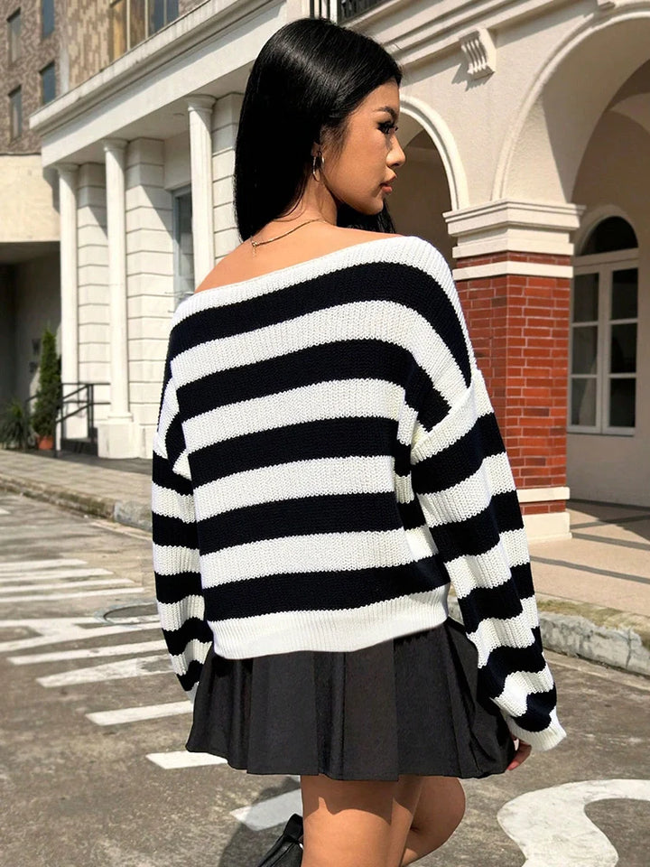 Womens Off The Shoulder Sweater 2025 Fall Winter  Striped Sweater