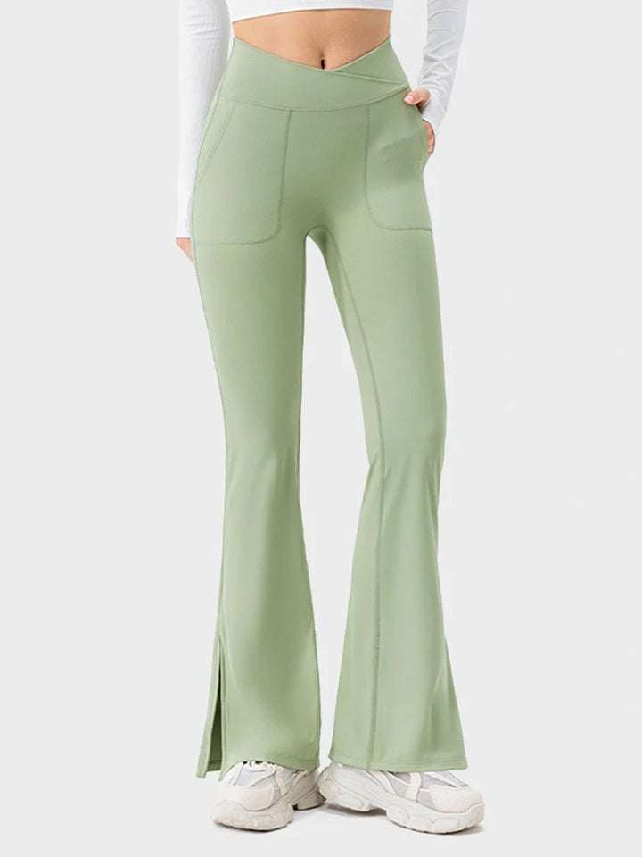 Womens Flare Leggings with Slit Hem High Waist Bootcut Yoga Pants Workout Tummy Control Flared