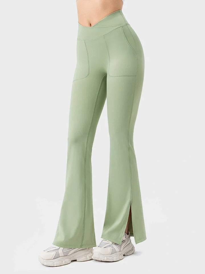 Womens Flare Leggings with Slit Hem High Waist Bootcut Yoga Pants Workout Tummy Control Flared