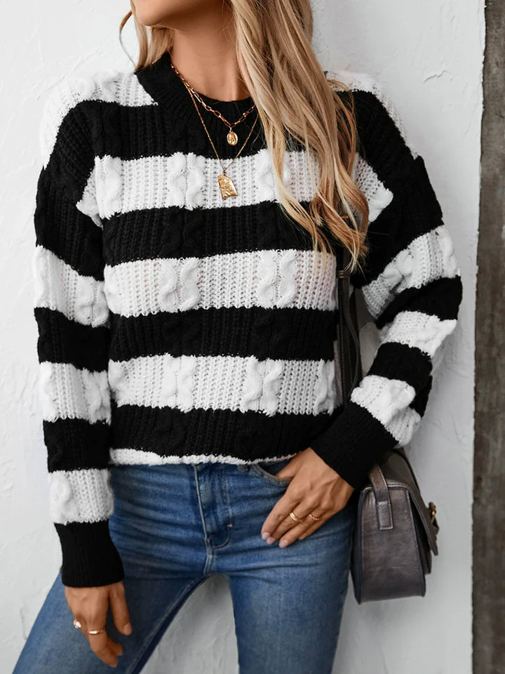 Women's Striped Loose Crew Neck Cable Sweater