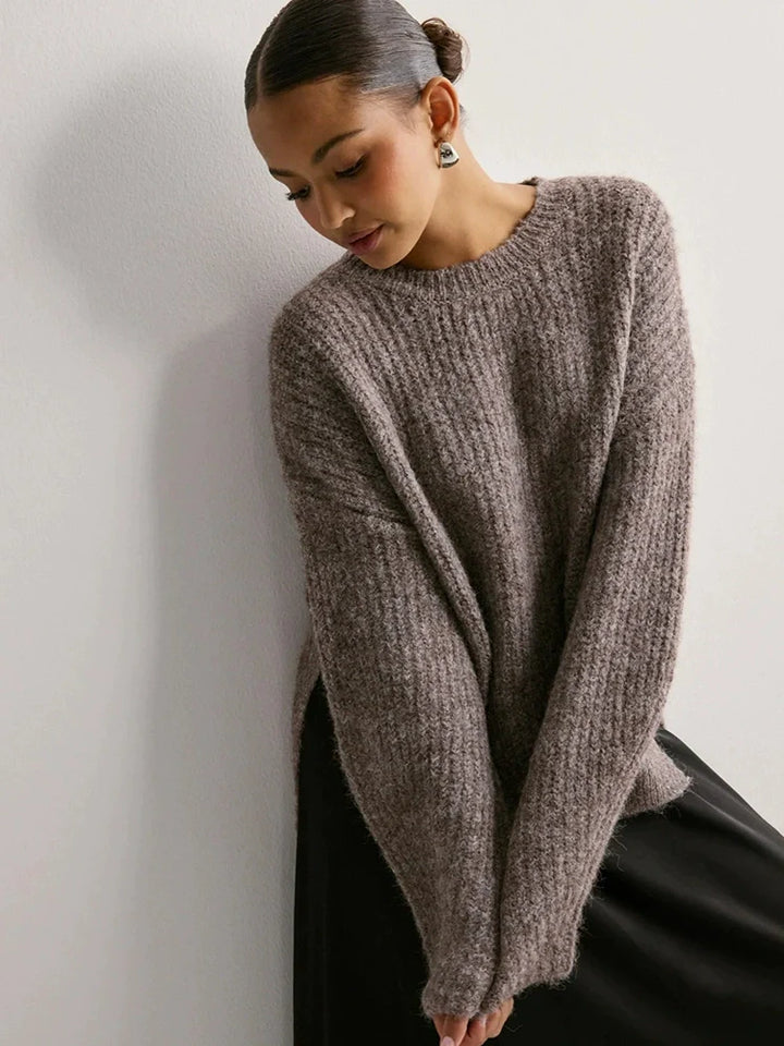 Women's Crew Neck Knitted Hem Loose-Fit Long-Sleeve Sweater