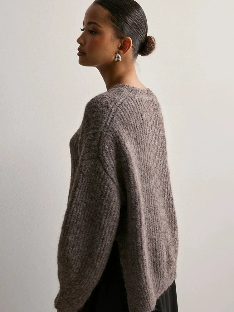 Women's Crew Neck Knitted Hem Loose-Fit Long-Sleeve Sweater