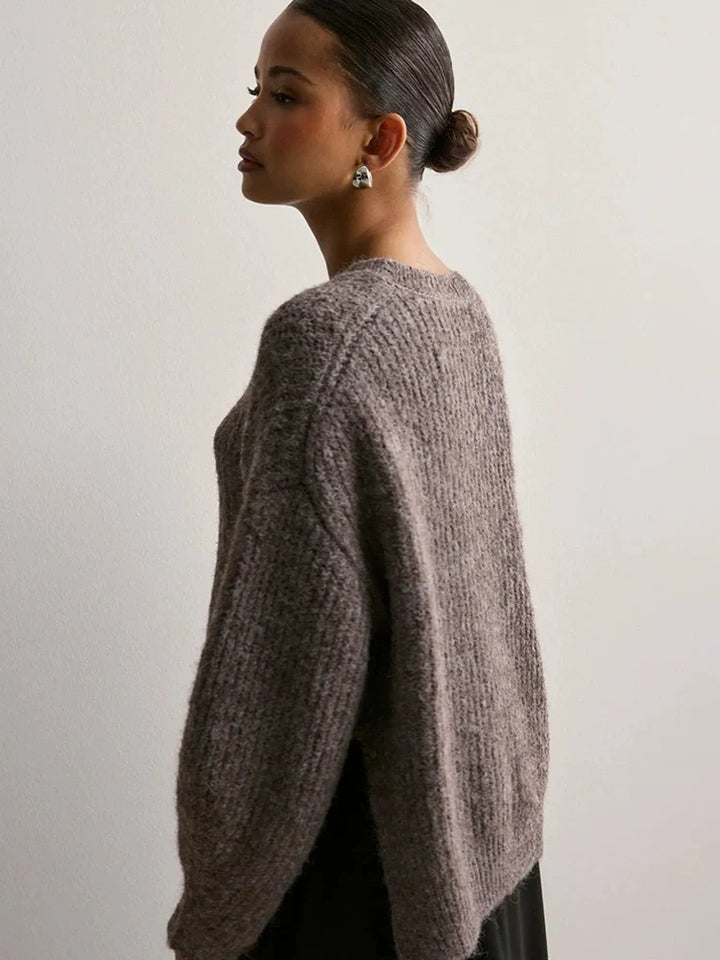 Women's Crew Neck Knitted Hem Loose-Fit Long-Sleeve Sweater