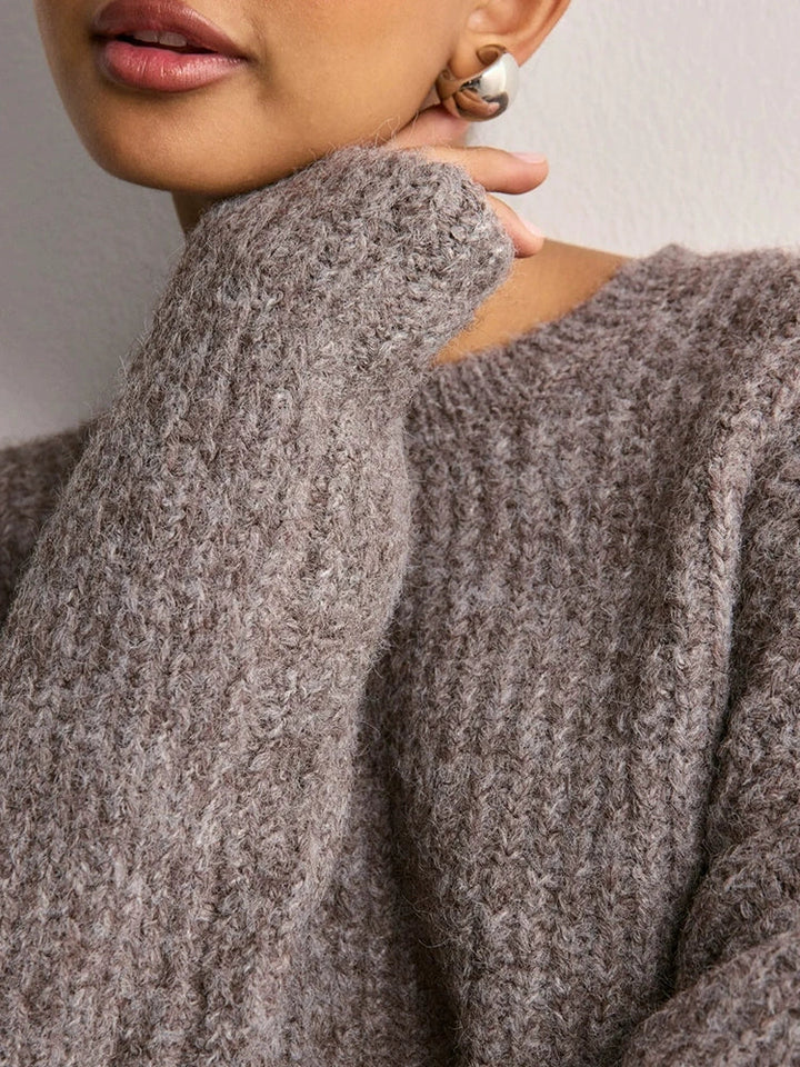 Women's Crew Neck Knitted Hem Loose-Fit Long-Sleeve Sweater