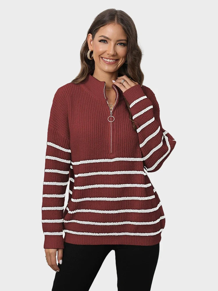Women's Quarter Zip Striped Oversized Sweater 2025 Mock Turtleneck Fall Fashion Outfit
