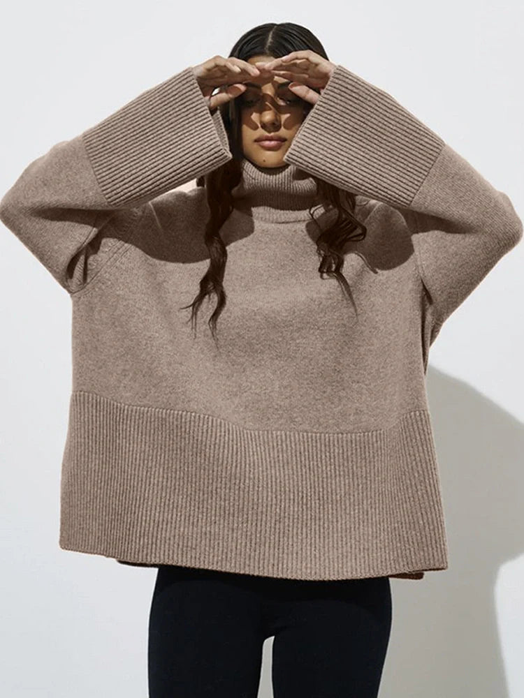 Women's Oversized Turtleneck Batwing Sleeve Casual Loose Knit Pullover Sweater