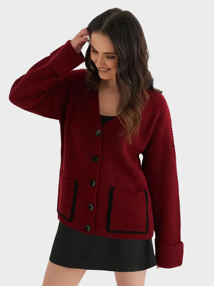 V-neck pocket contrast knit cardigan