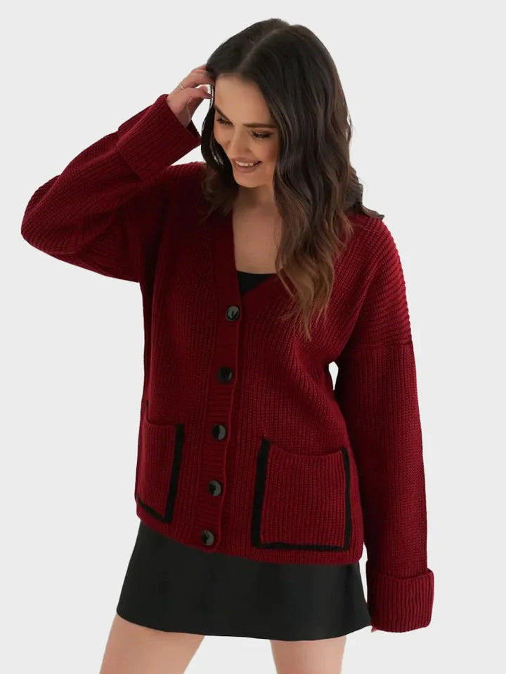 V-neck pocket contrast knit cardigan