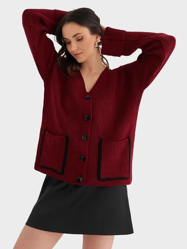 V-neck pocket contrast knit cardigan
