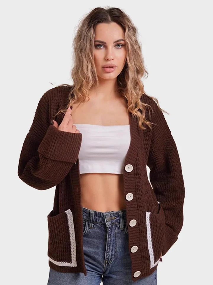 V-neck pocket contrast knit cardigan