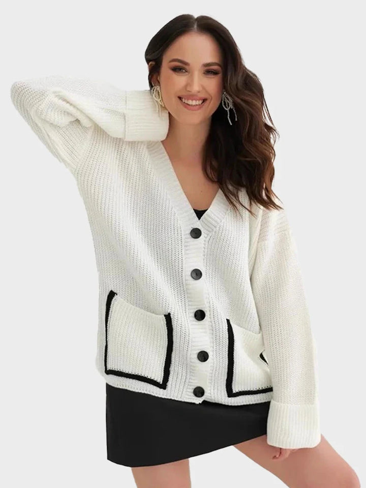 V-neck pocket contrast knit cardigan