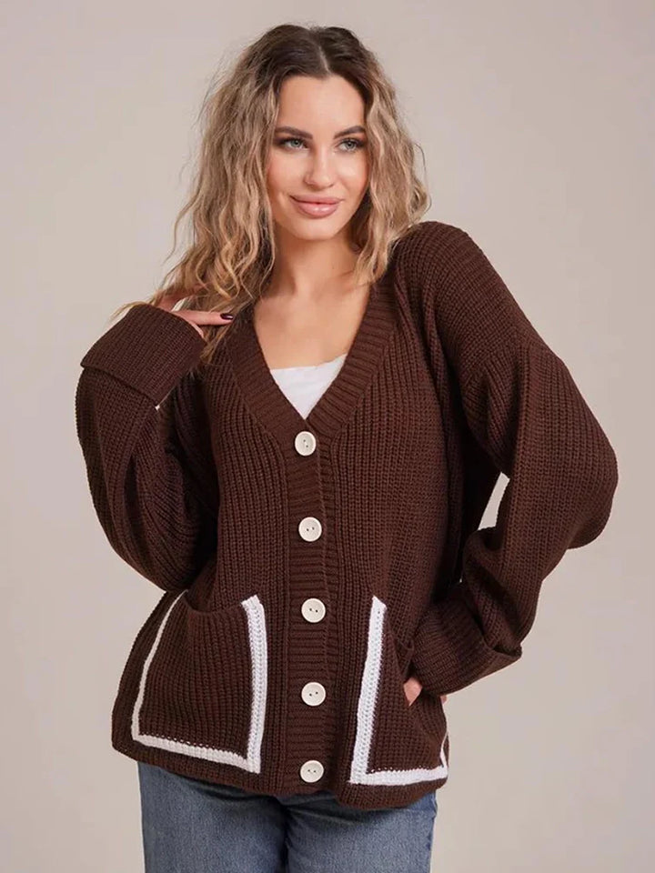 V-neck pocket contrast knit cardigan