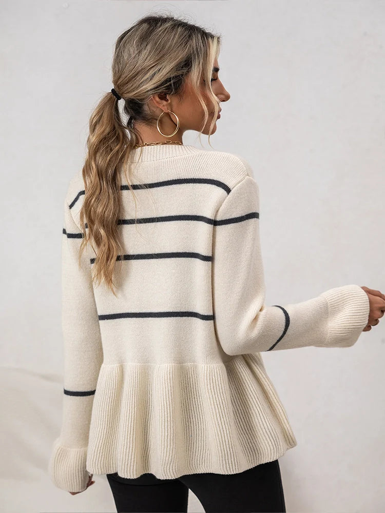 Women's V-neck striped lazy knitted long-sleeved cardigan
