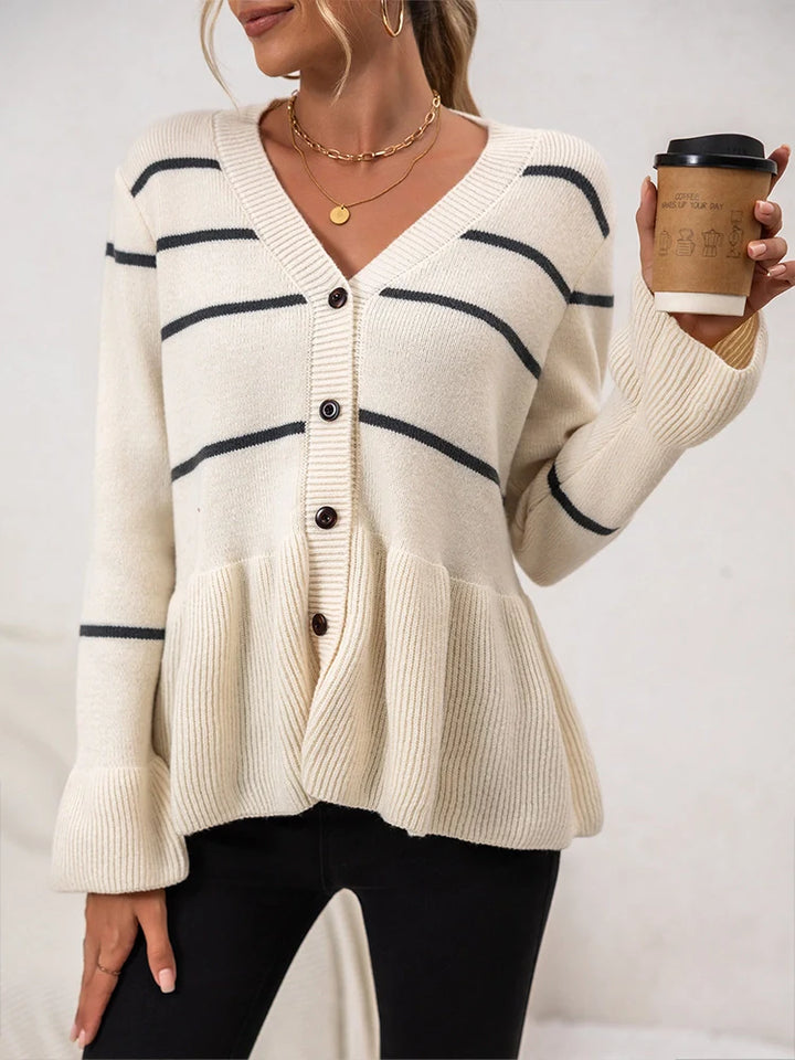 Women's V-neck striped lazy knitted long-sleeved cardigan