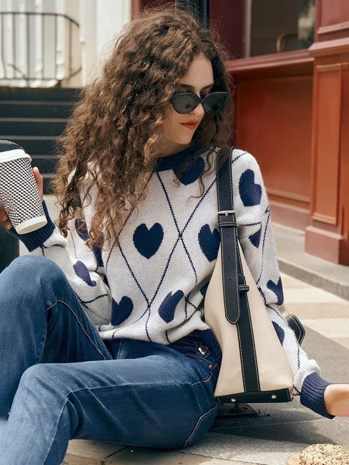 Women's Cute Heart Jacquard Round Neck Cropped Sweater