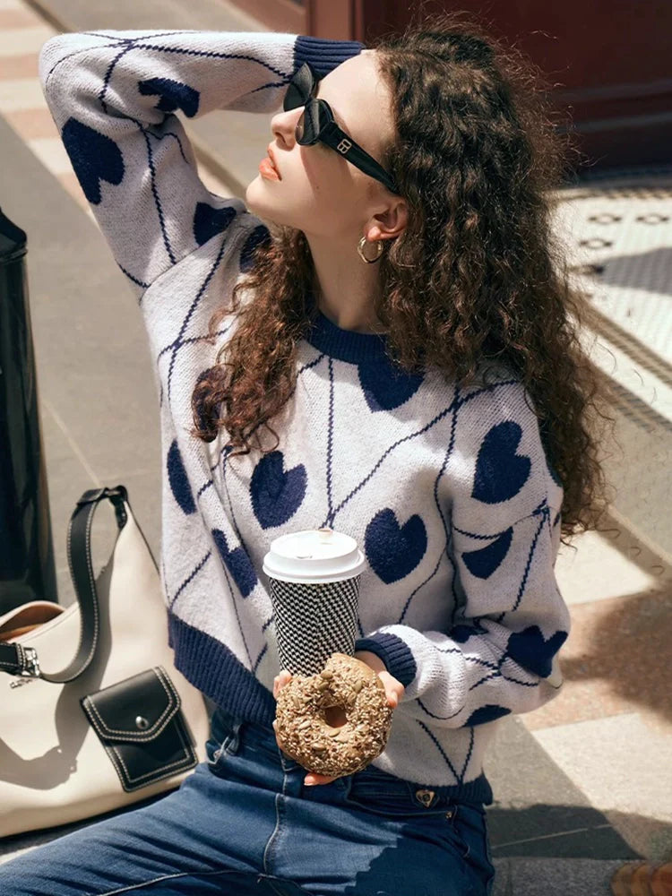 Women's Cute Heart Jacquard Round Neck Cropped Sweater