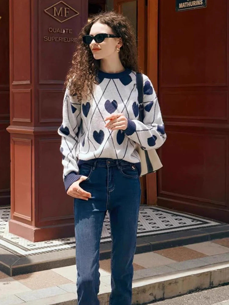 Women's Cute Heart Jacquard Round Neck Cropped Sweater