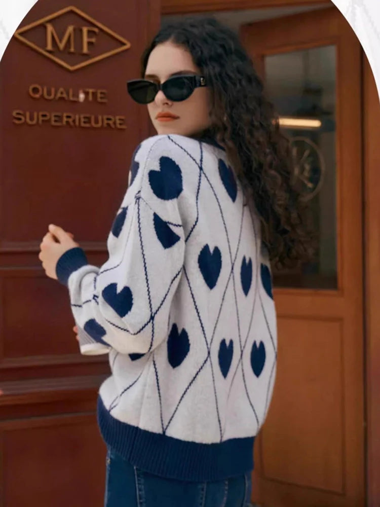 Women's Cute Heart Jacquard Round Neck Cropped Sweater