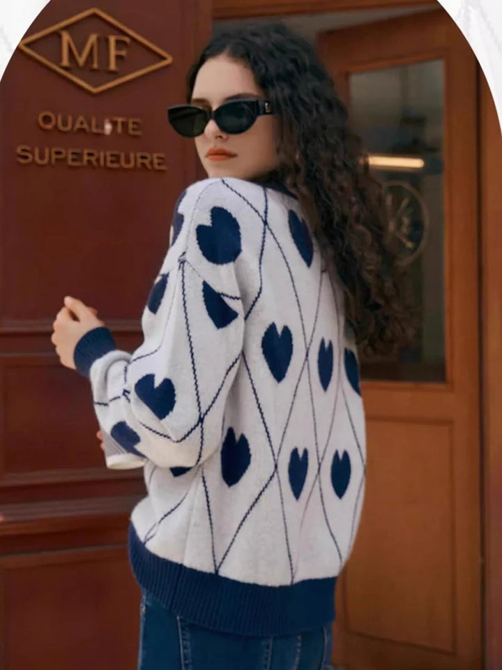 Women's Cute Heart Jacquard Round Neck Cropped Sweater