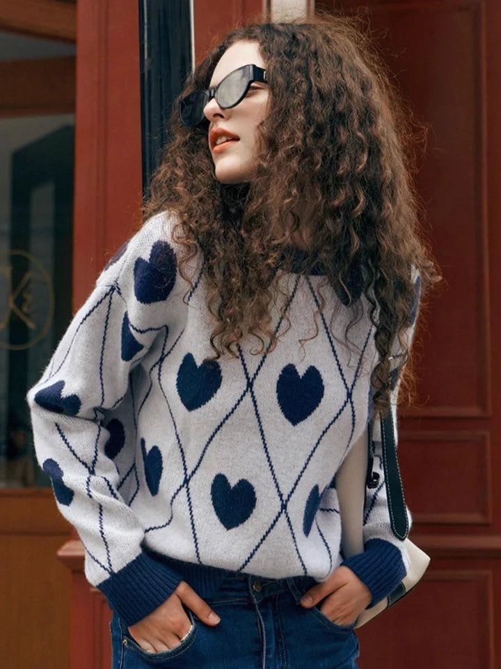 Women's Cute Heart Jacquard Round Neck Cropped Sweater