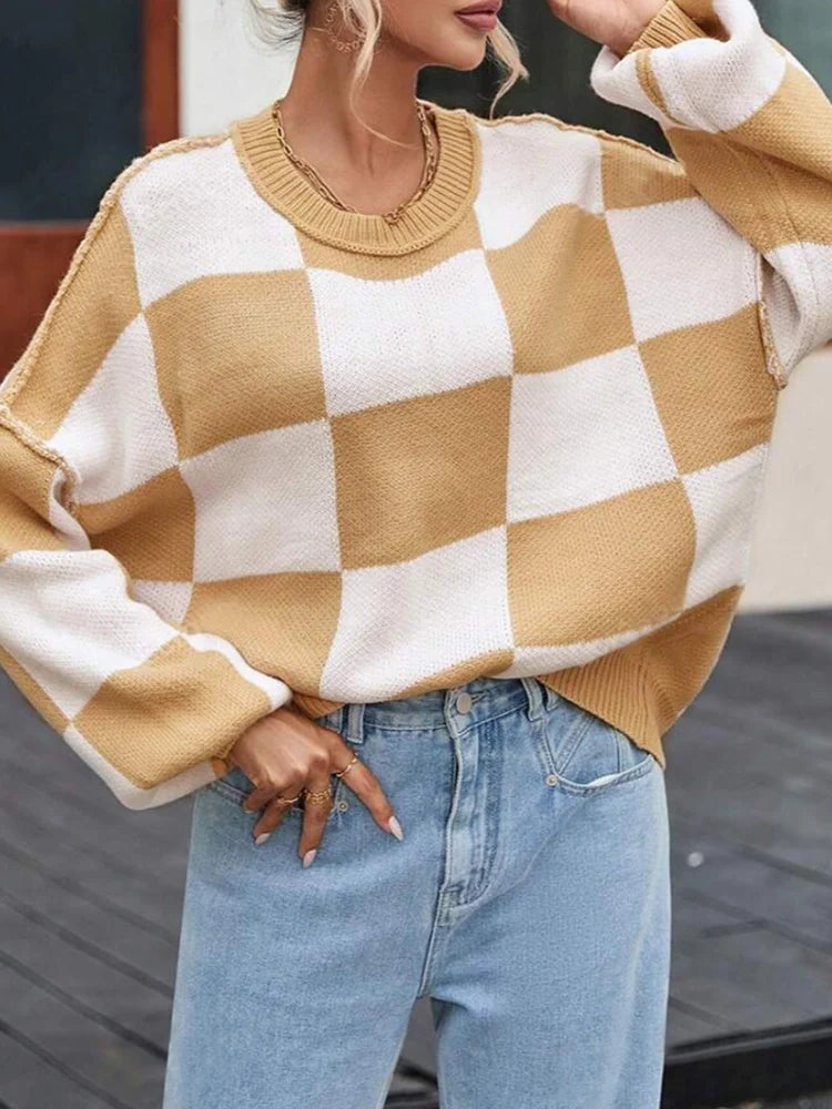 Womens Crew Neck Long Sleeve Plaid Ribbed Knit Loose Pullover Sweater  Tops