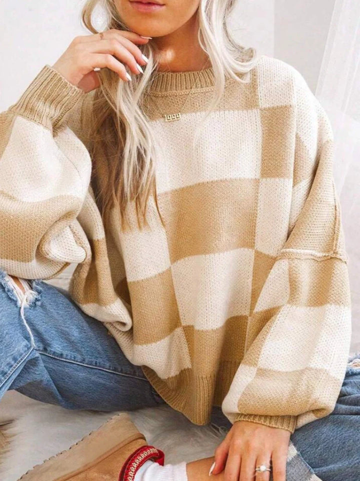 Womens Crew Neck Long Sleeve Plaid Ribbed Knit Loose Pullover Sweater  Tops