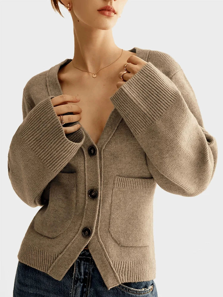 Women's Deep V Neck Cardigan Sweaters Cropped Knit Coats with Pockets